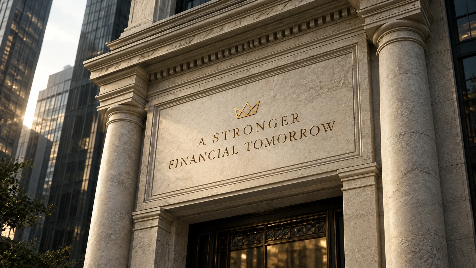A neoclassical stone financial institution facade with a gold crown emblem and the inscription A Stronger Financial Tomorrow